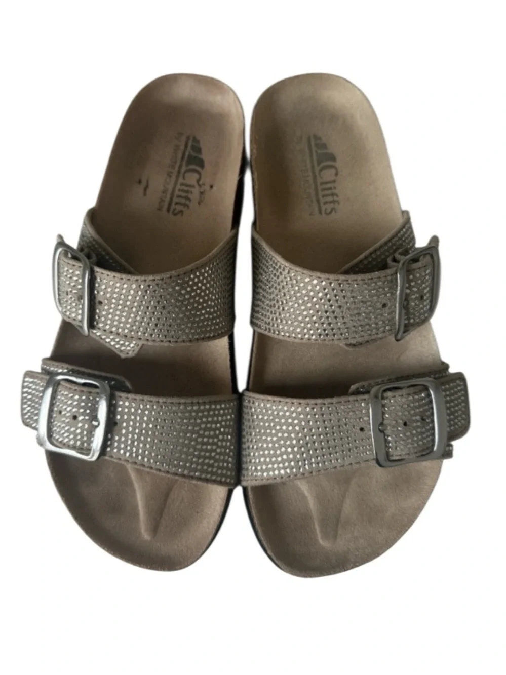 Cliffs by White Mountain rhinestone double-buckle slide sandals.